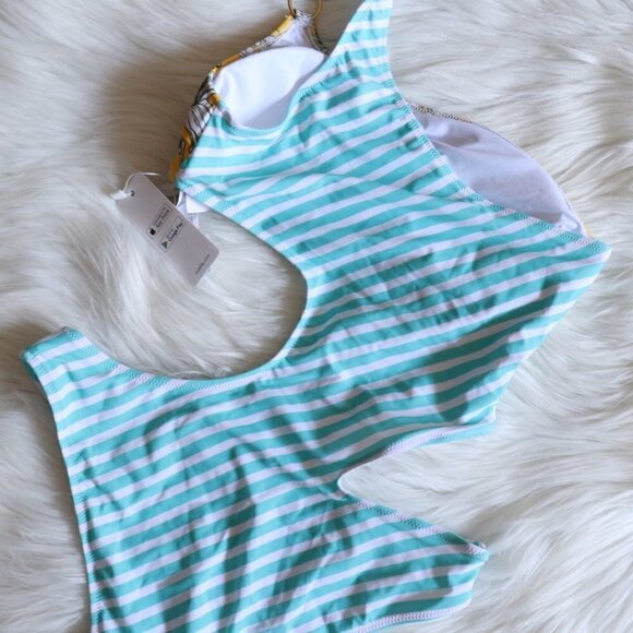 NEW Floral Striped Print One Shoulder One Piece Bathing Suit Swimsuit Size Small - Picture 7 of 9